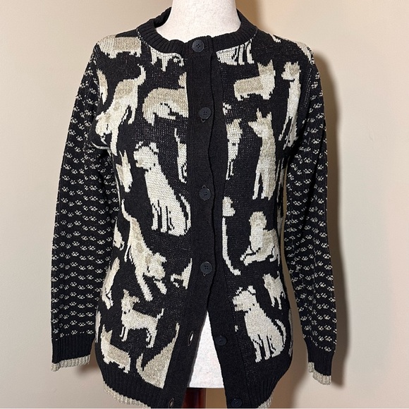 Green 3 Dog Puppy Paw Pattern Knit Cardigan Sweater Small Made in USA - Picture 3 of 12